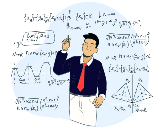 A teacher pointing at maths and science formulas